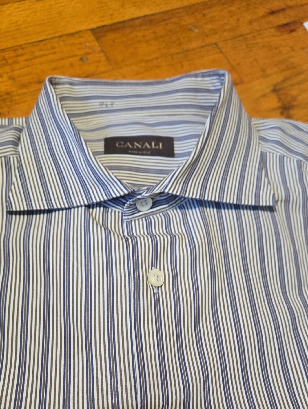 Canali Dress Shirt 46/18 Blue Brown Stripe Business Casual Made Italy !